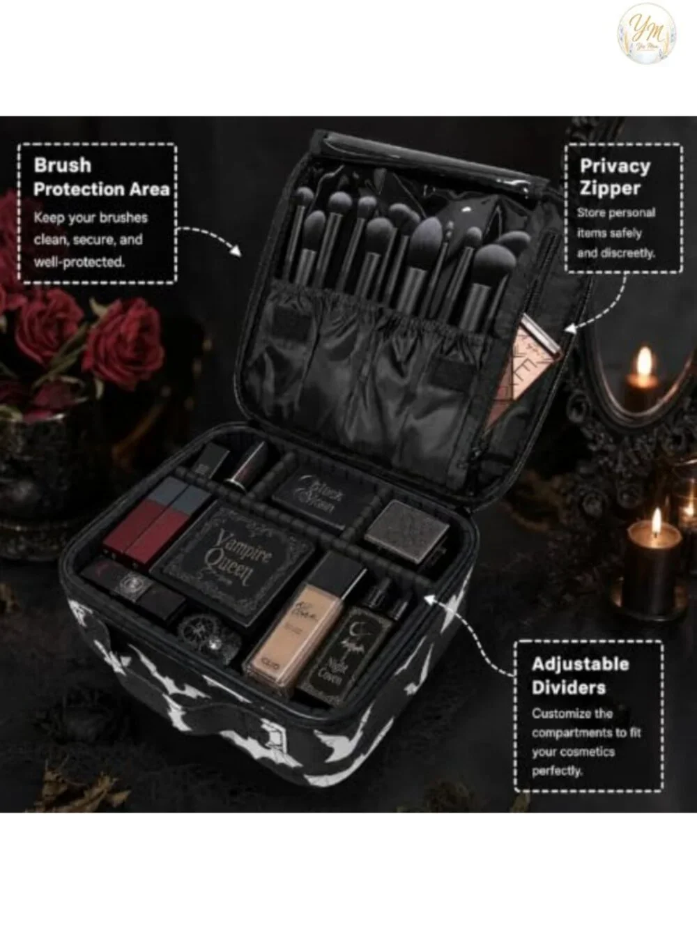 Gothic Makeup Bag Organizer with Bat Design, Adjustable Dividers, Waterproof